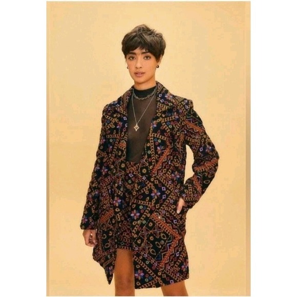 FARM Rio Jackets & Blazers - Farm Rio S Double Breasted Embroidered Cotton Corduroy Blazer Colorful Boho Long